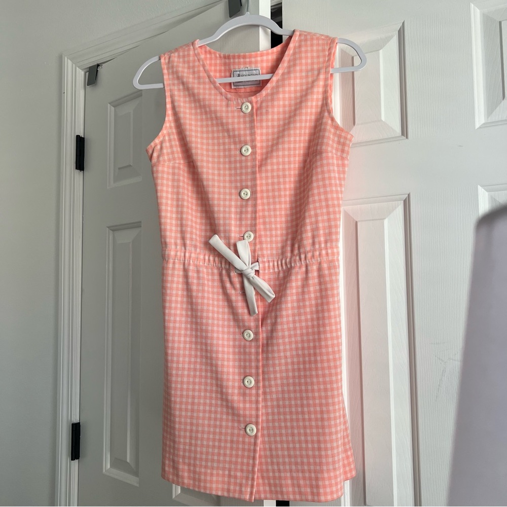 RARE Vintage Fountain Square Dress Peach Pink White Plaid Gingham‎ Button Front